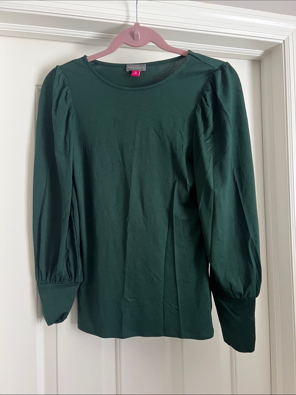 Vince Camuto Dark Green Puff-Sleeve Crewneck Top